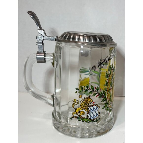 Vintage German Glass Beer Stein With Lid & Bavaria Coat Of Arms Design - Picture 5 of 10